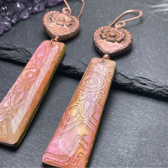 Hand Crafted Copper and Pink Dangle Embossed Resin Heart Earrings - Picture 5 of 13